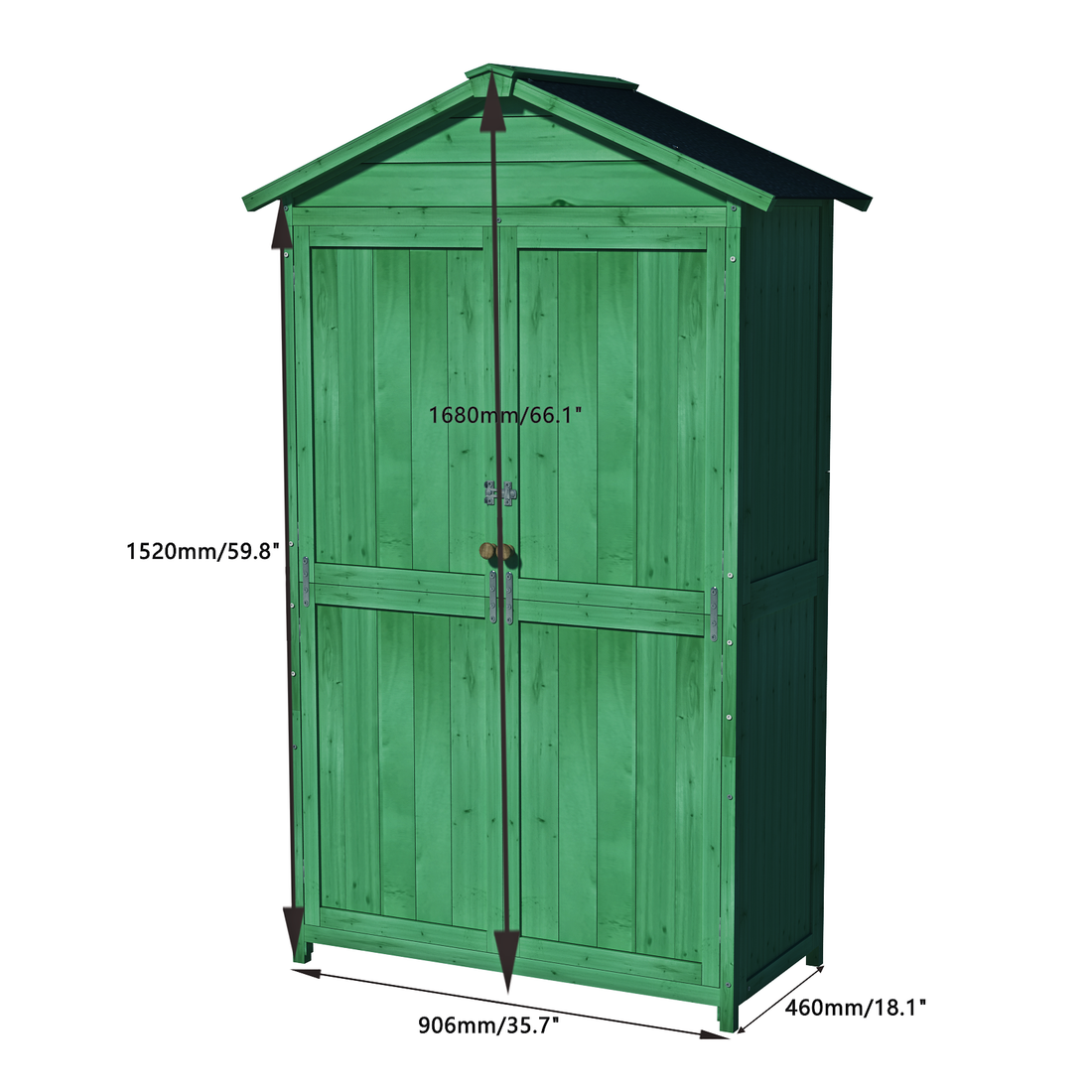 Outdoor 35.6"X 18.1"X 66.15" L Wood Storage Shed, Garden Tool Cabinet With Waterproof Asphalt Roof, Double Doors, Multiple Tier Shelves,Forest Green Green Dark Green Metal & Wood