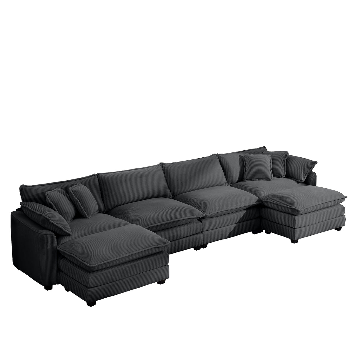 Corduroy Sofamodern Upholstered 4 Seater With 3 Footstools Corduroy Fabric Sofaoffice Living Room Apartment Comfortable Sofa, Easy To Assemble With 2 Arm Pillows And 4 Throw Pillows Grey Corduroy 4 Seat