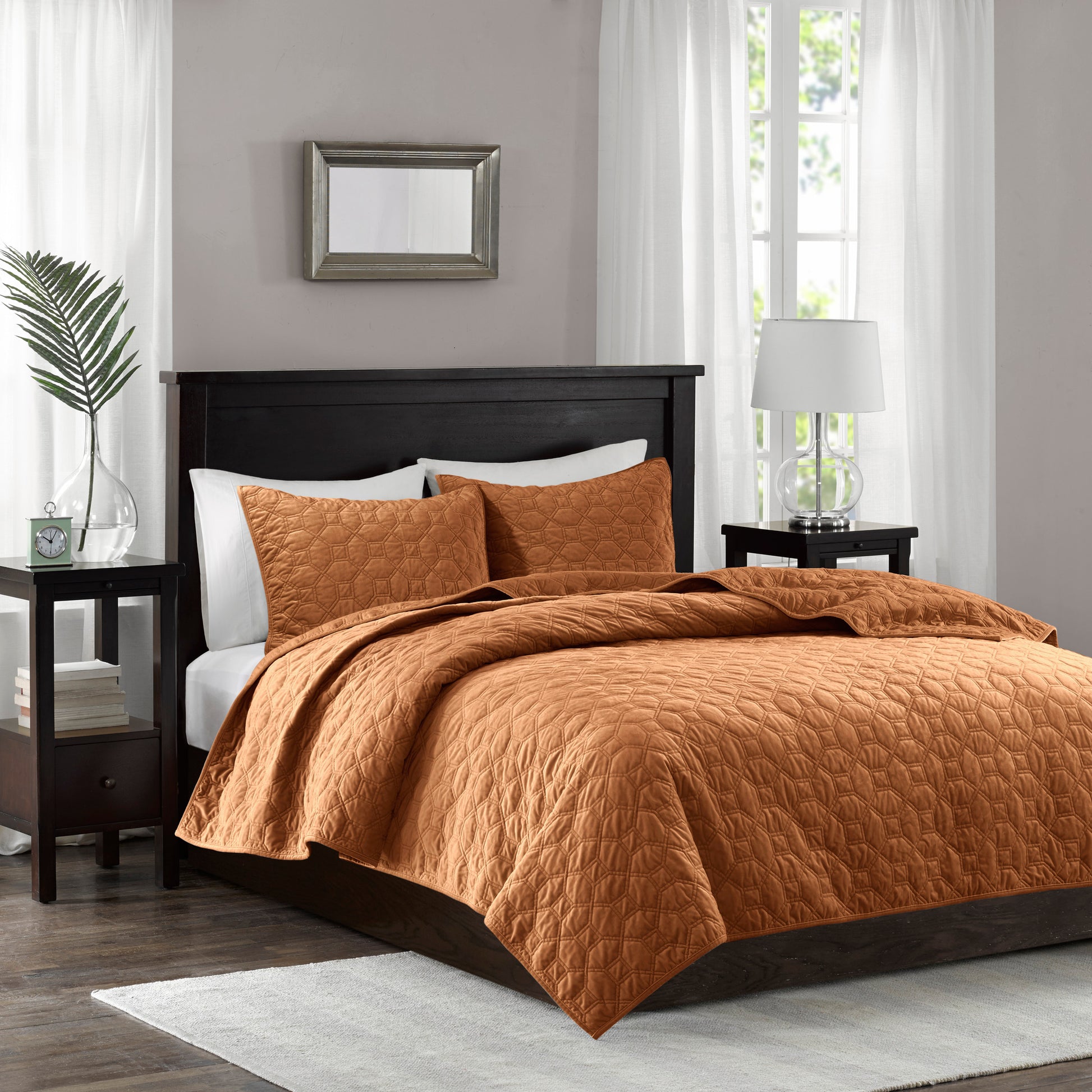 3 Piece Velvet Quilt Set Rust King Cal King King Rust Cotton