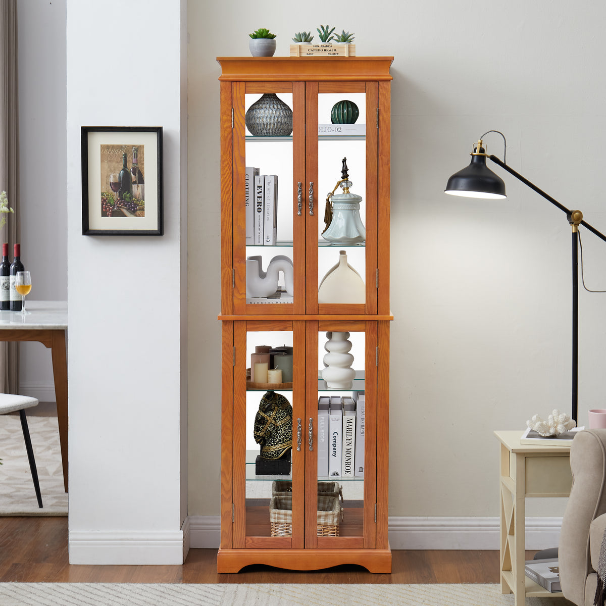Lighted Glass Curio Display Cabinet,Display Cabinet,Glass Storage Cabinet Glass Wine Cabinet Wood Frame Toy Display For Living Room, Kitchen, Pantry Light Bulb Included Oak Oak Mdf Glass