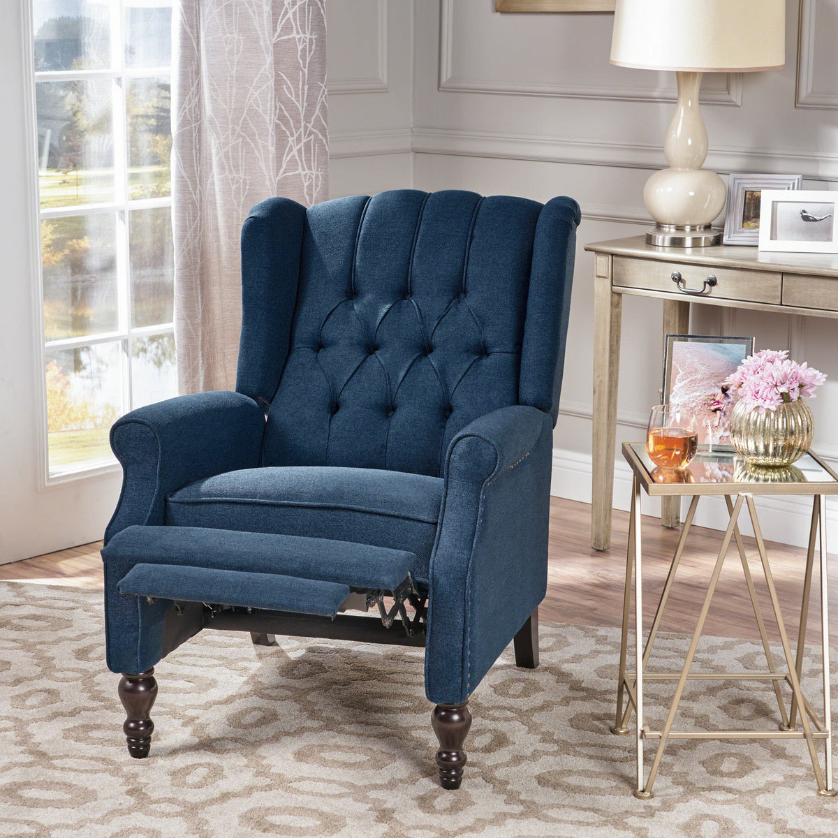Dark Blue Tufted Fabric Arm Chair Recliner Dark Blue Polyester
