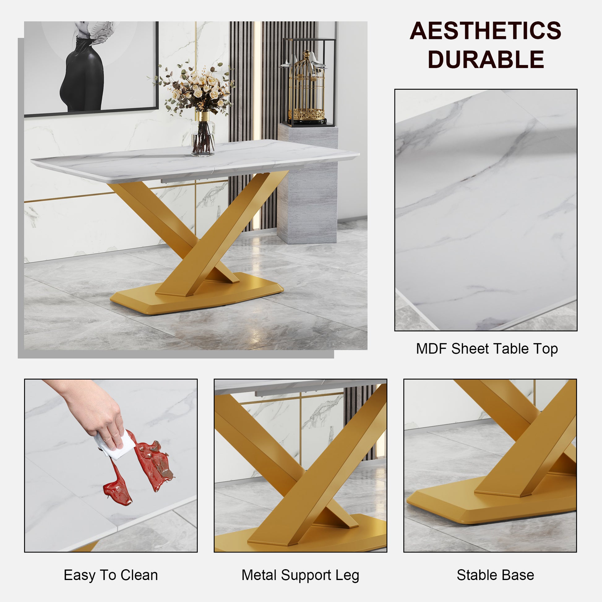 Large Modern Minimalist Rectangular White Imitation Marble Dining Table For 6 8 People With Mdf Top And Golden Legs, F 1551 Gold Mdf