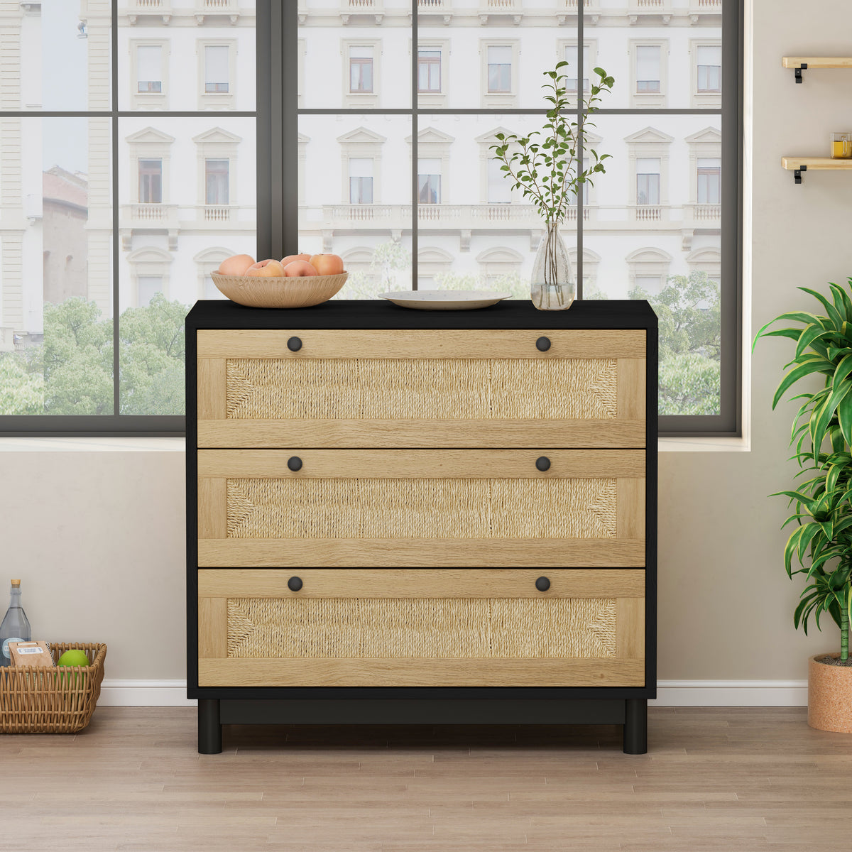 30.31"3 Drawers Storage Cabinet Rope Woven Drawer,For Bedroom,Living Room,Dining Room,Hallways,Black Black Primary Living Space Mdf