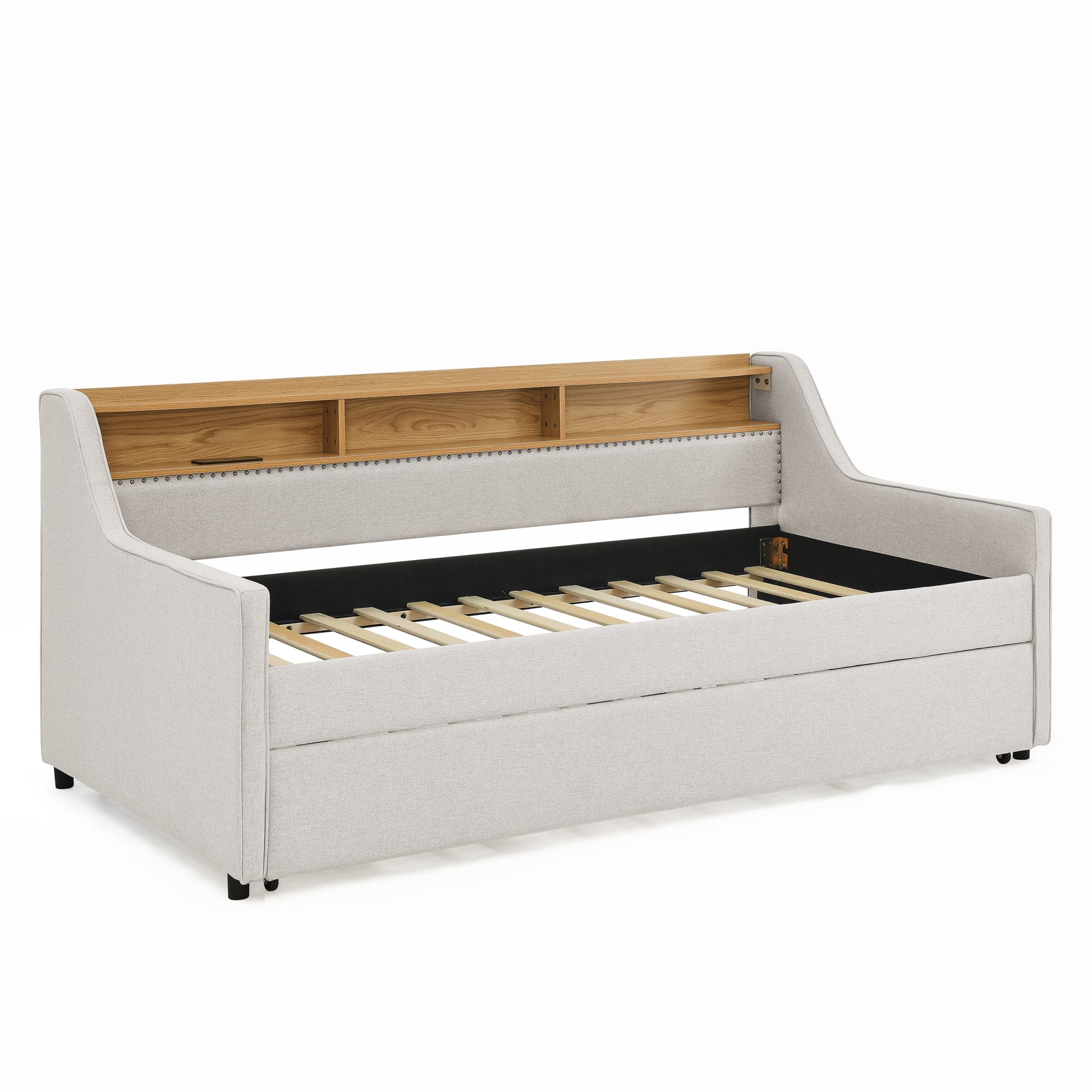Twin Size Upholstery Sofa Bed With Three Led Lights, With Storage Adjustable Headboard, With Foldable Leg Pull Up Trundle Bed And Wireless Charging, Linen Padded Sofa Bed Frame, Beige Box Spring Not Required Twin Beige Composite Bedroom Classic