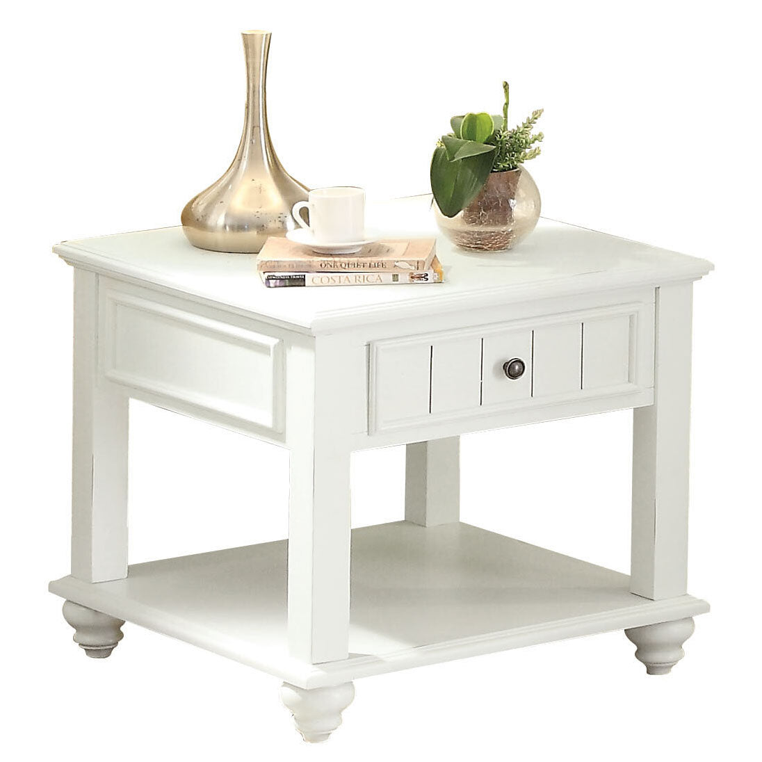 White Washed End Table With Bottom Shelf White Primary Living Space Traditional Poplar Drawers Rectangular Wood