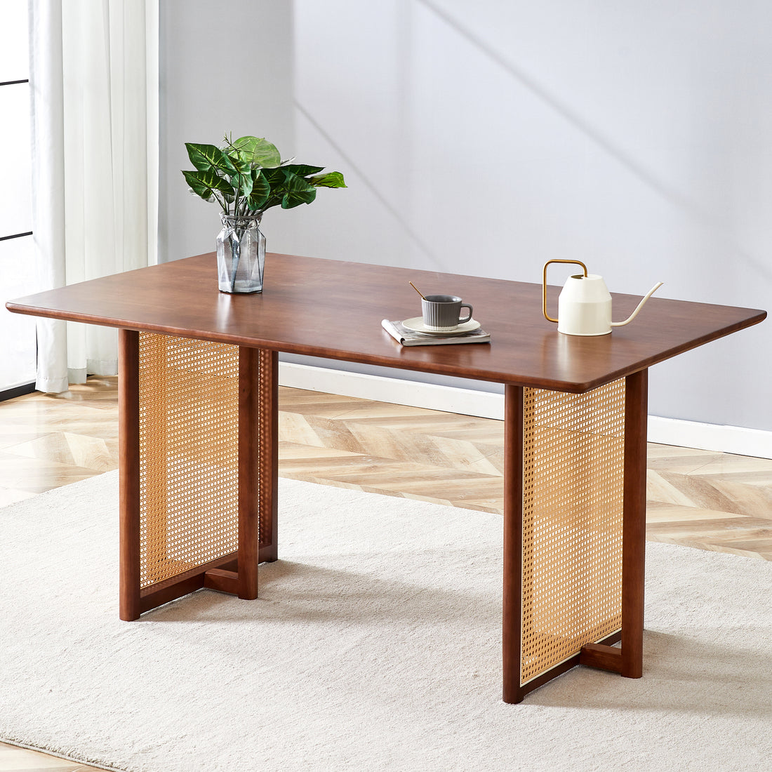 Chinese Country Retro Solid Wood Dining Table, Simple Modern Imitation Rattan Dining Table, Wooden Dining Table, Desk. Suitable For Dining Room, Living Room, Office Walnut Rubber Wood