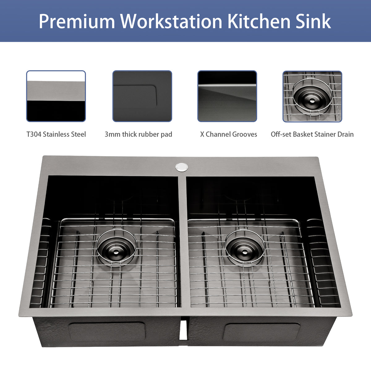 Double Bowl Drop In Sink 33"X22" Gunmetal Black Double Bowl Kitchen Sink 18 Gauge With Two 9" Deep Basin Gunmetal Black Stainless Steel