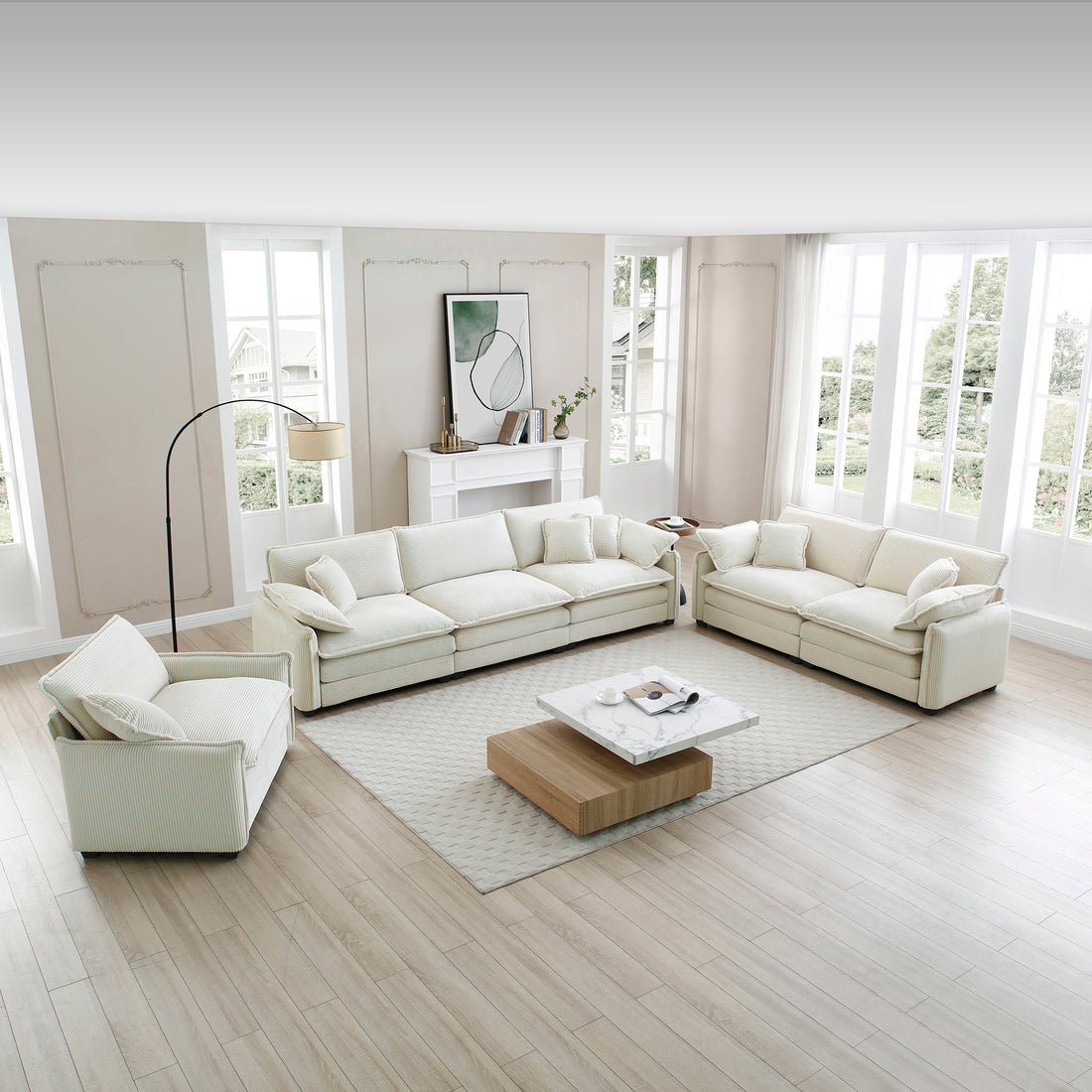 3 Piece Comfortable Oversized Sectional Sofa, One Single Sofa And One 2 Seater Sofa And One 3 Seater Sofabeige Corduroy Deep Seat Sofa Beige Corduroy 6 Seat