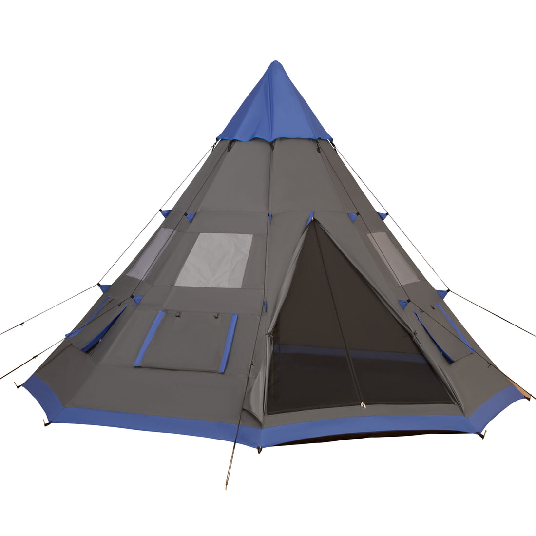 Outsunny 12Ft Camping Tent 6 7 Person 4 Season With 8 Mesh Windows, Outdoor Teepee Tent With Waterproof Material For Family And Friends Camping Blue Polyester