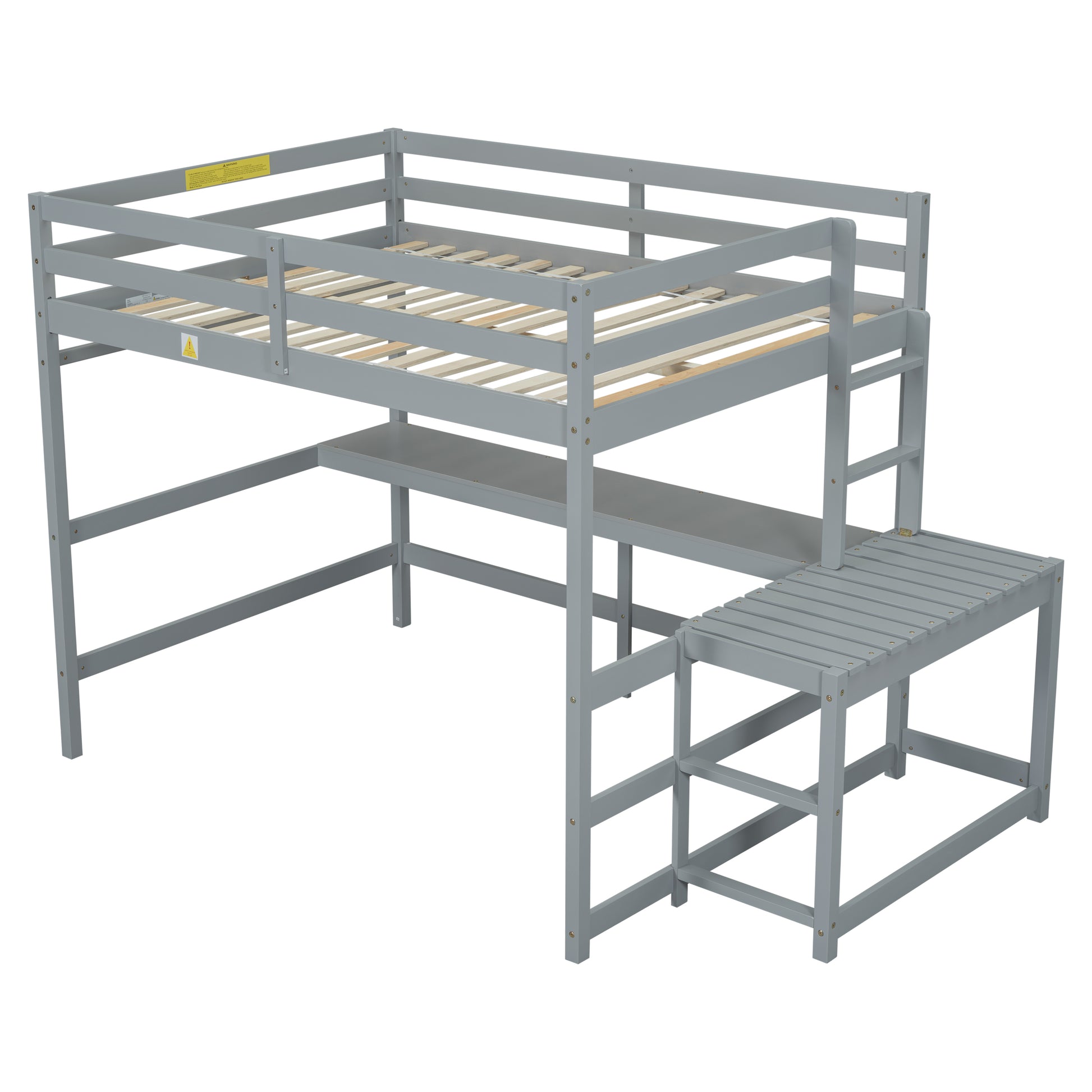 Full Size High Loft Bed With Built In Desk, Ladder Platform, Ladders, Guardrails ,Grey Full Grey Bedroom American Design Pine