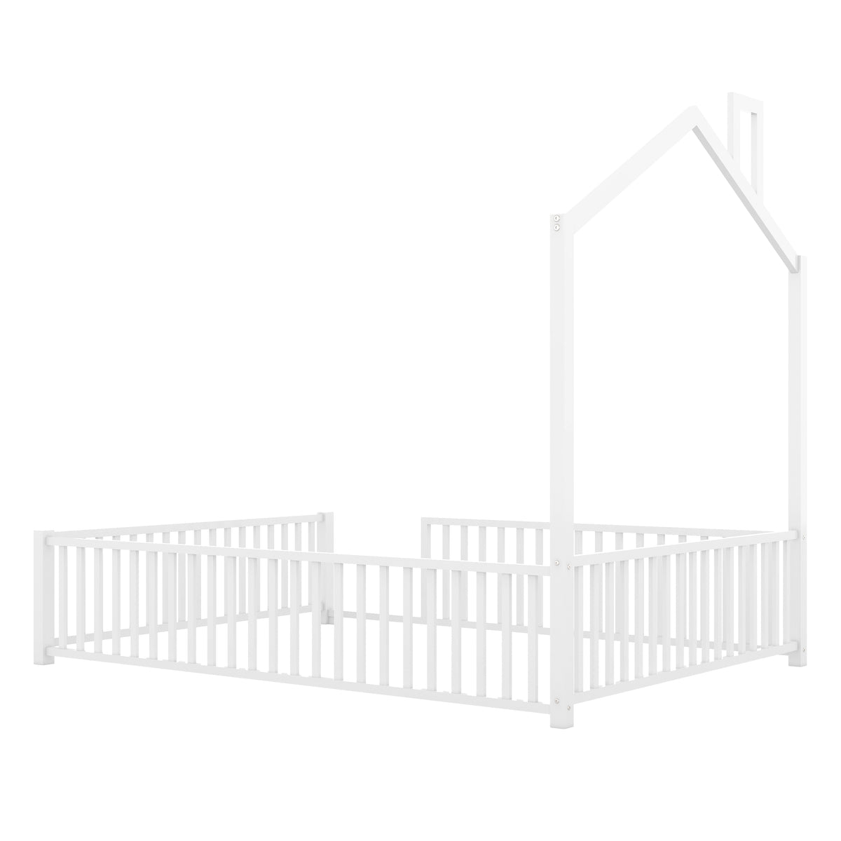 Full Size Metal House Platform Bed With Guardrail And Chimney, White Box Spring Not Required Full White Metal Metal