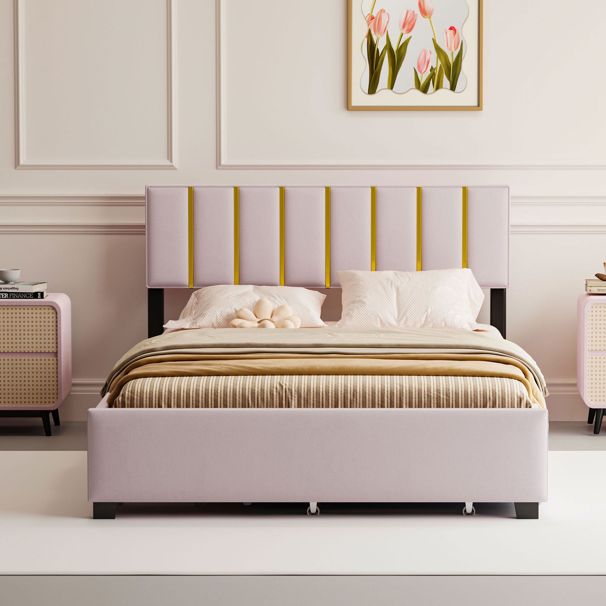 Queen Size Upholstered Platform Bed With 2 Drawers And 1 Trundle, Classic Metal Strip Headboard Design, Pink Queen Pink Mdf Lvl