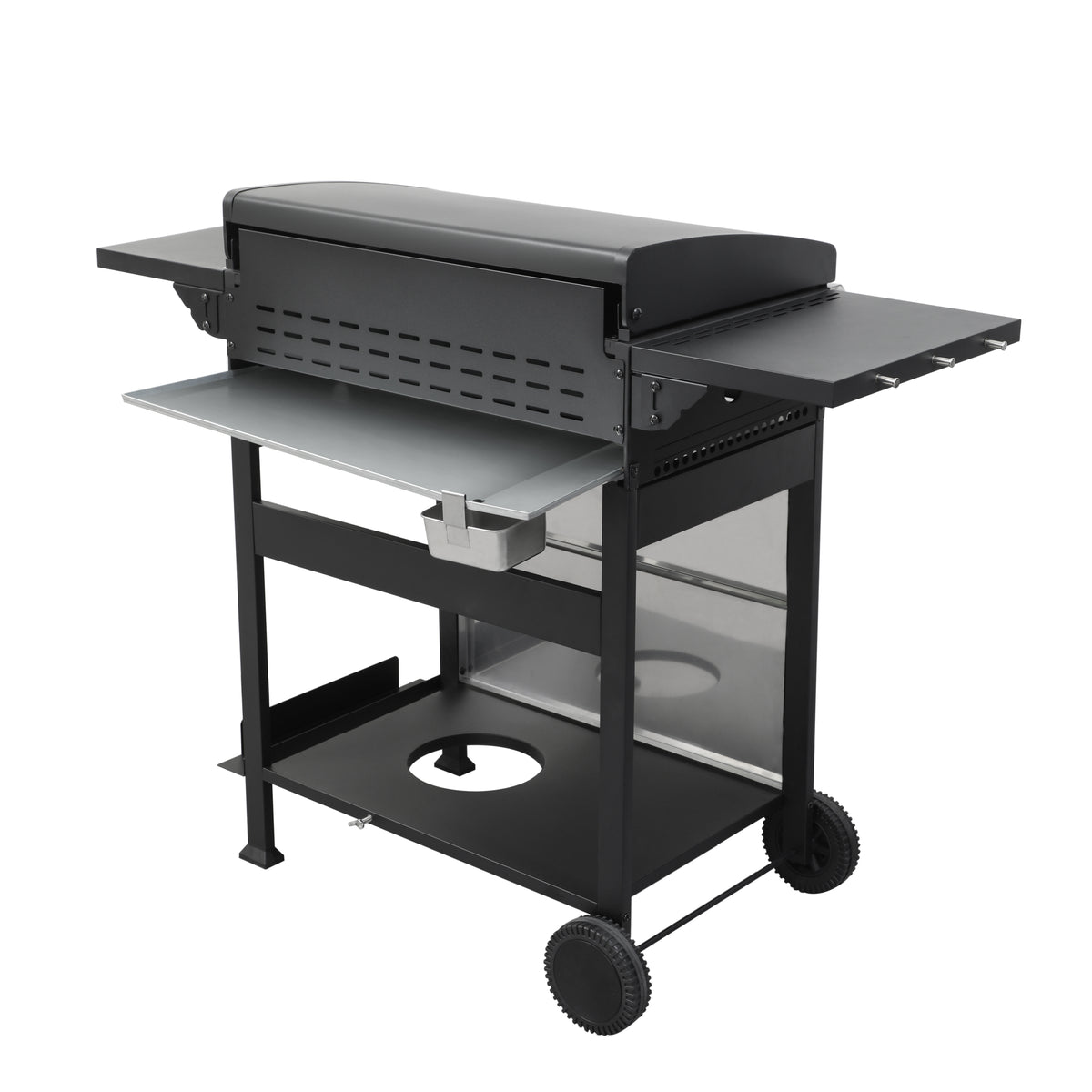 4 Burner Propane Gas Bbq Grill, Ss Plancha, 49200Btu Output With Wire Enamel Cooking Grids For Outdoor Barbecue, Foldable Side Table, Hanging Basket, Stainless Steel Black Silver Garden & Outdoor
