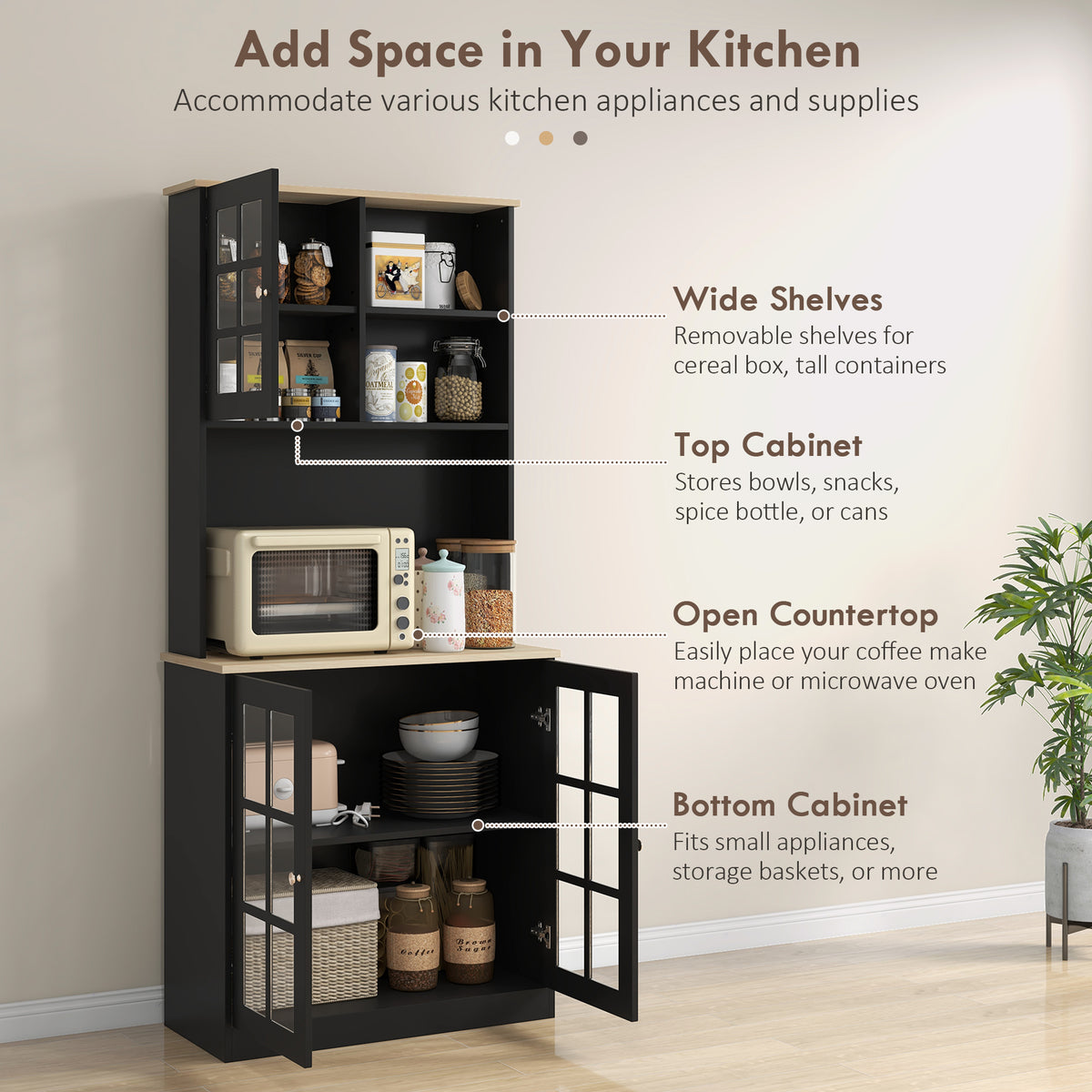 Homcom Kitchen Pantry Cabinet, 72" Freestanding Storage Cabinet With Hutch, Large Countertop, Glass Doors And Adjustable Shelves, Microwave Cabinet, Coffee Bar Cabinet For Dining Room, Black Black Wood