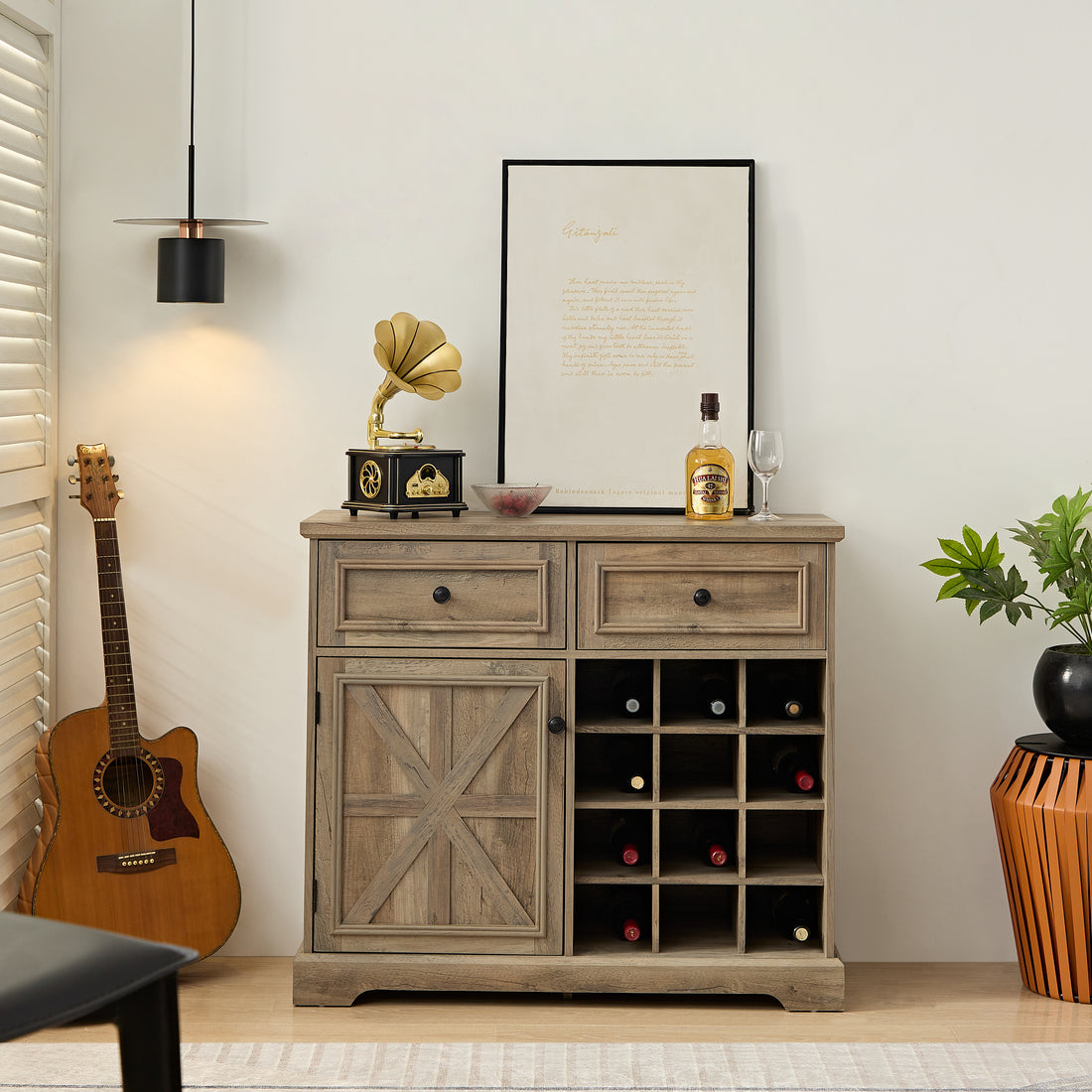 Farmhouse Liquor Cabinet Bar Cabinet With 2 Drawers, Wine Bar Cabinet With Removable Wine Racks Storage Shelves, Cupboard For Kitchen, Dining Room, Gray Wash L39.37''*W15.7"*H34.65" Gray Wash Mdf