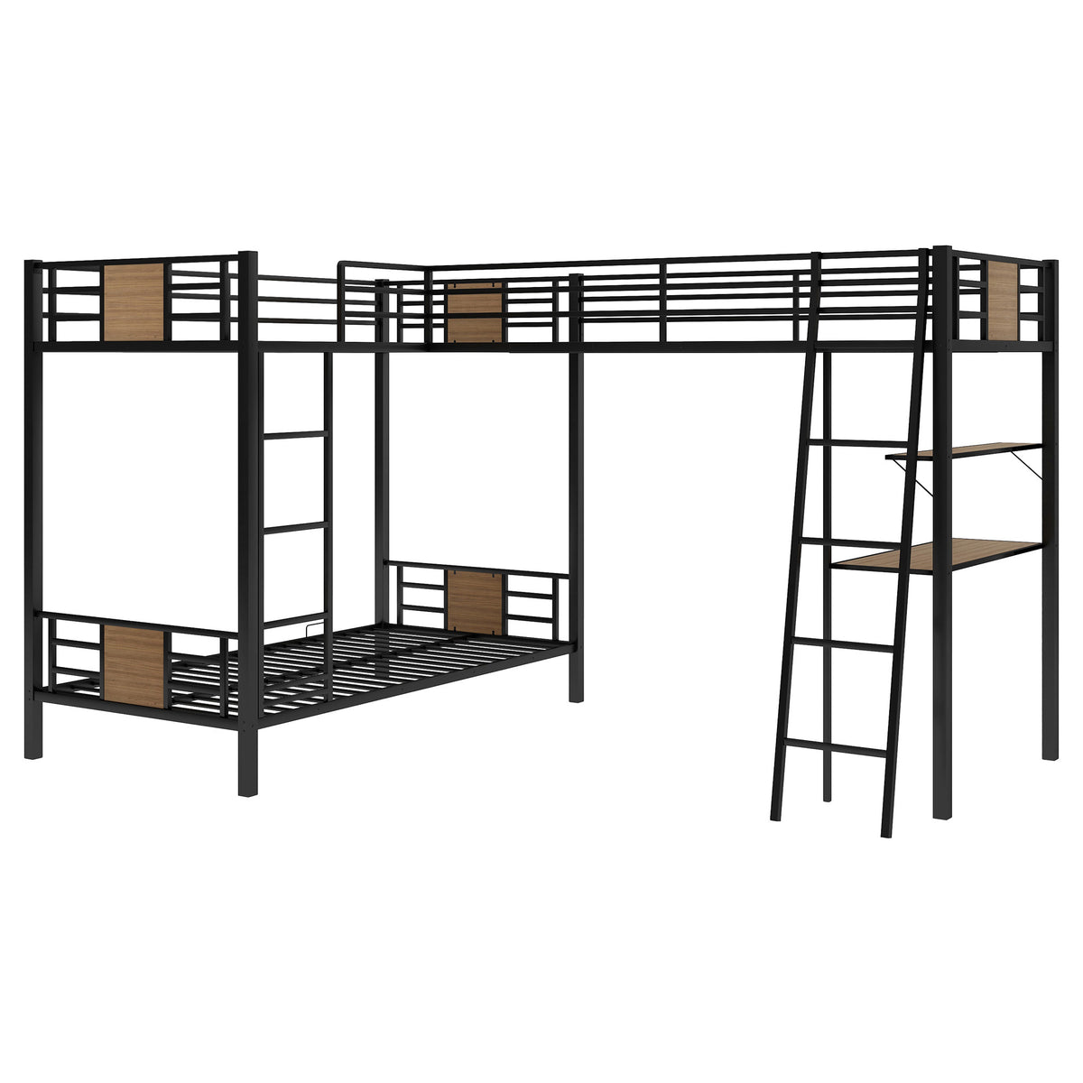 L Shaped Twin Over Twin Bunk Bed With Twin Size Loft Bed With Desk And Shelf ,Brown Brown Steel