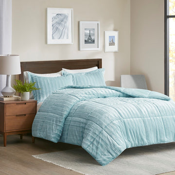 Faux Fur Comforter Mini Set Queen Teal Blue Polyester