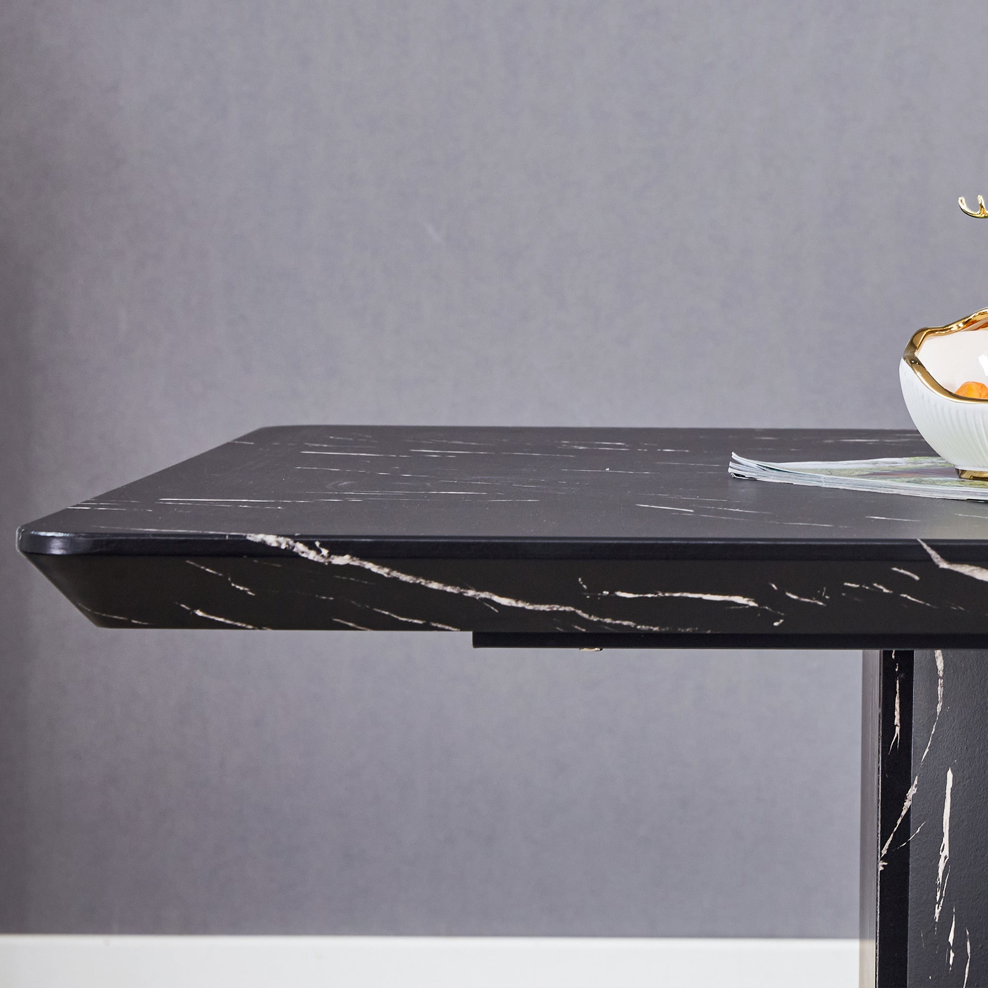 Table And Chair Set.This Modern Dining Table With Mdf Marbled Design Gives You A Luxurious And Elegant Feel.Paired With Multiple Chairs With Pu Artificial Leather Backrest Cushions And Black Legs. Black Seats 6 Mdf