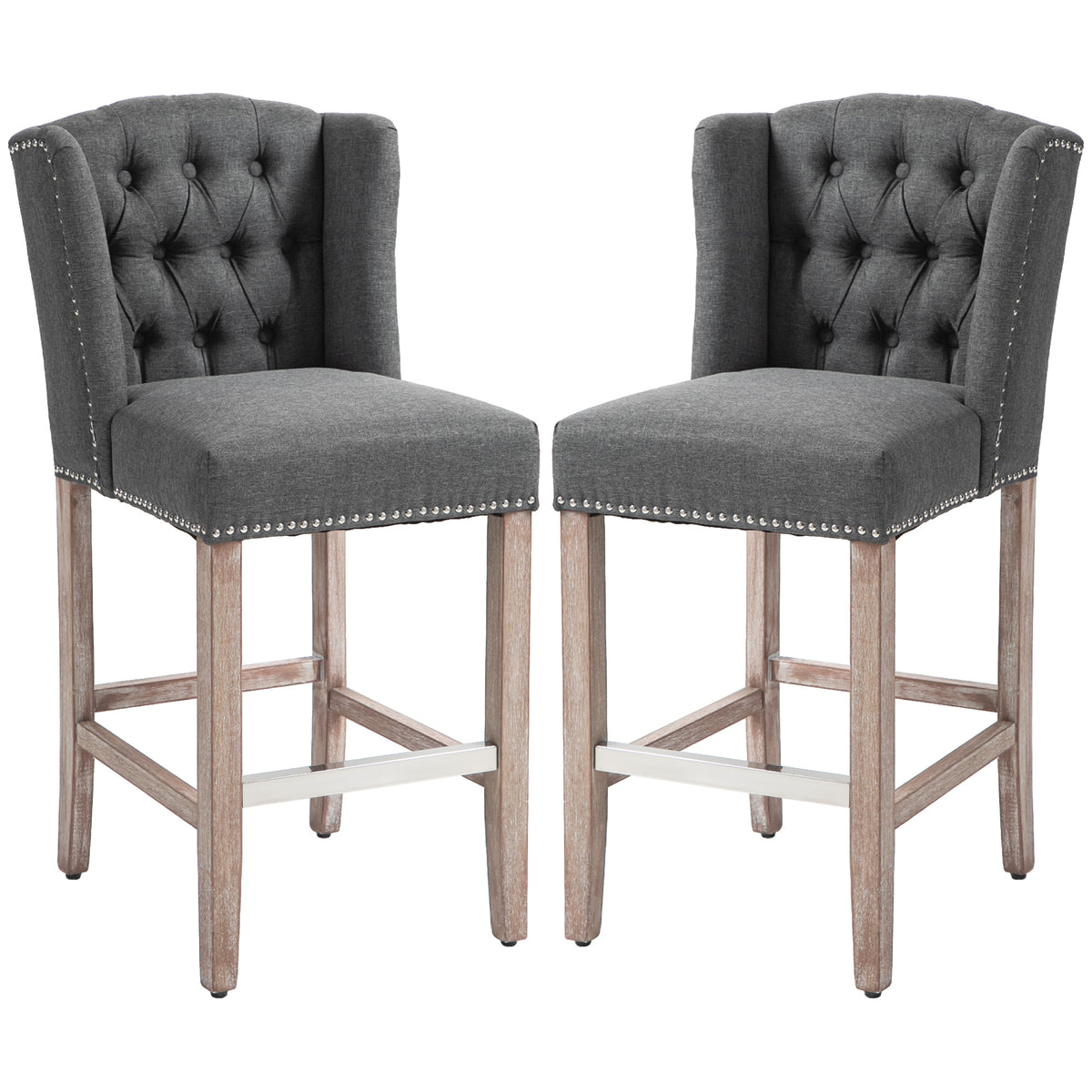 Homcom Counter Height Bar Stools Set Of 2, 27" Seat Height Upholstered Barstools, Farmhouse Kitchen Island Stools With Trim, Tufted Back And Wooden Legs, Dark Gray Dark Gray Polyester