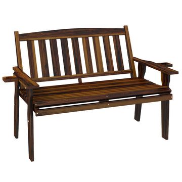 Outsunny Wood Outdoor Bench, 2 Person Garden Bench With Cupholder Armrests, Slatted Seat And Backrest, Park Bench For Patio, Porch, Lawn, Deck, Carbonized Black Brown Wood