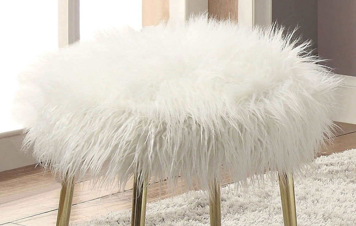 Contemporary Glam White Gold Fabric Faux Fur 1Pc Ottoman Upholstery Living Room Ottoman Seat White Gold Primary Living Space White Classic,Contemporary Square Solid Wood