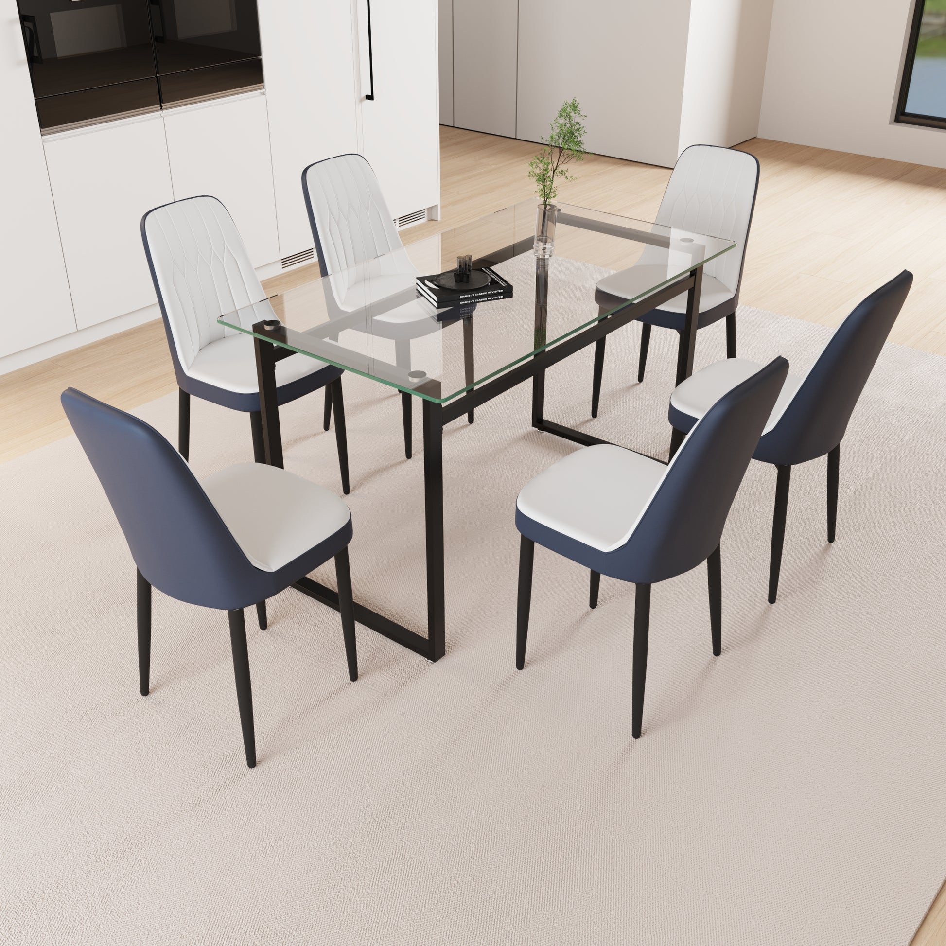 51" 6 Person Glass Dining Table Set, Kitchen Set With Black Metal Leg Dining Table And Chairs, Modern Rectangular Tempered Glass Tabletop And Dining Room Thick Cushioned Pu Dining Chair Black Gray