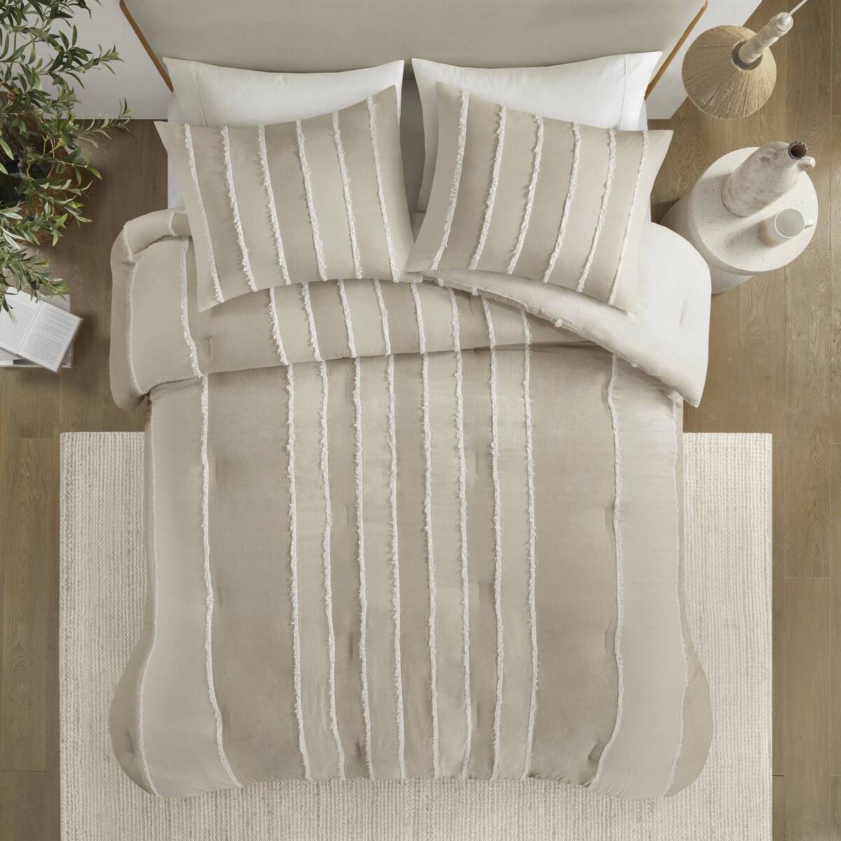 3 Piece Striped Cotton Comforter Set Taupe King Cal King Taupe Cotton
