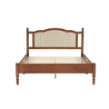 Queen Size Wooden Platform Bed With Natural Rattan Headboard, Vintage Bed Frame With Wooden Slat Support, Walnut Box Spring Not Required Queen Walnut Wood
