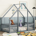 Twin Wood House Shaped Floor Bed With Fence, Guardrails ,Grey Twin Grey American Design Pine
