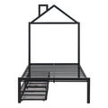 Twin Size Metal Platform Bed With Two Drawers,House Shaped Headboard Design, Black Twin Black Metal