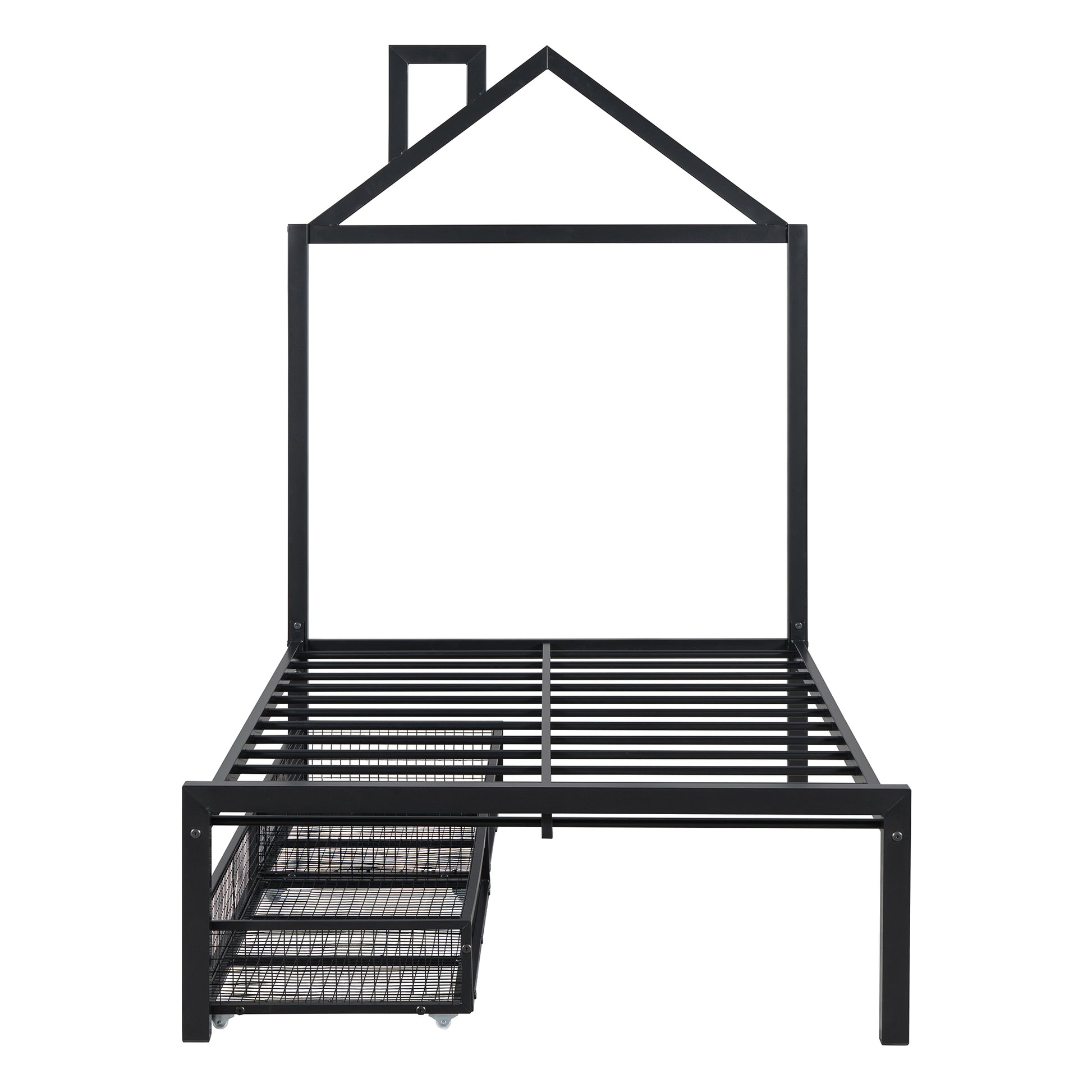 Twin Size Metal Platform Bed With Two Drawers,House Shaped Headboard Design, Black Twin Black Metal