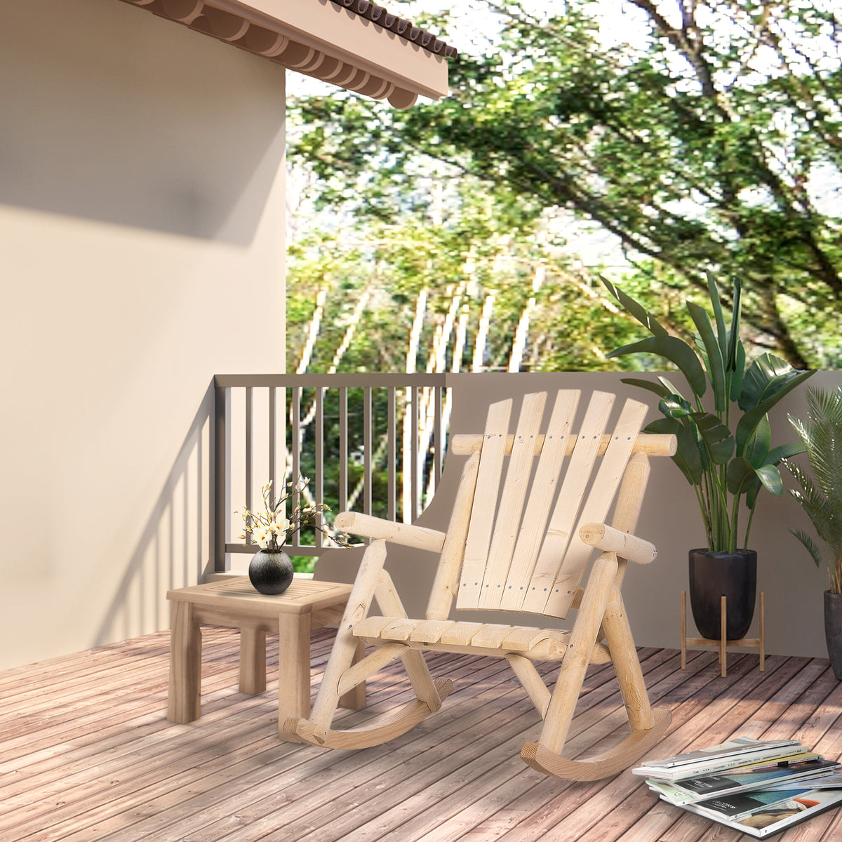 Outsunny Outdoor Wooden Rocking Chair, Single Person Rustic Adirondack Rocker With Slatted Seat, High Backrest, Armrests For Patio, Garden And Porch, Natural Natural Wood Wood