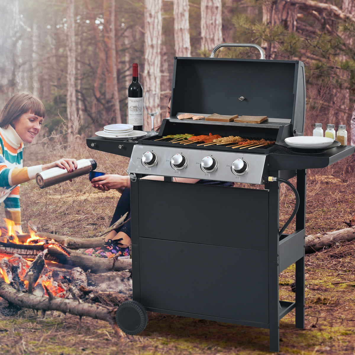 Propane Gas Grill 4 Burner Barbecue Grill, Stainless Steel 34,000 Btu Patio Garden Barbecue Grill With Two Shelves, Lid, Wheels And Bottle Opener Black Iron