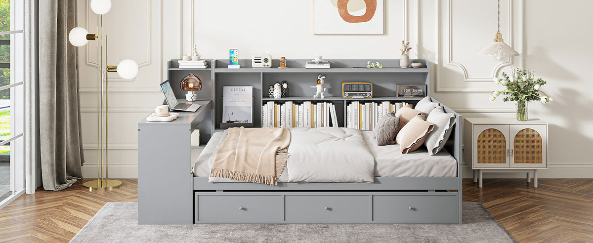Full Size Wooden Daybed With 3 Drawers, Usb Ports And Deskgray Full Gray Wood