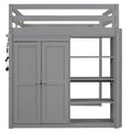 Wood Full Size Loft Bed With Built In Wardrobe And Storage Shelves, Led Light, Gray Box Spring Not Required Full Gray Wood Bedroom Bed Frame Solid Wood Mdf