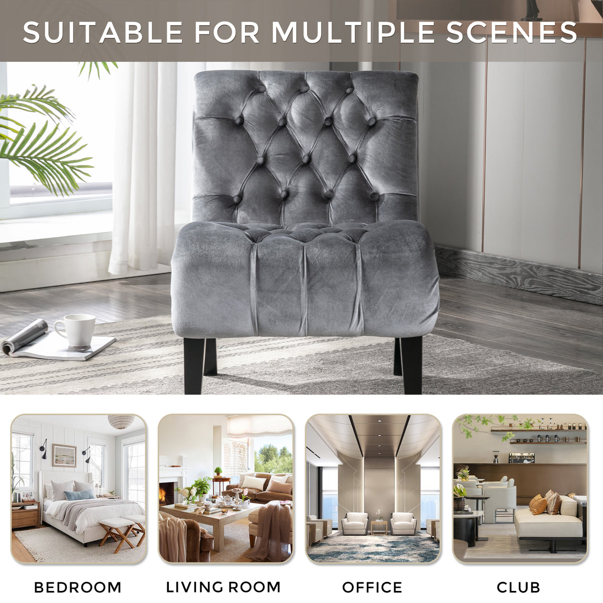 Coolmore Modern Velvet Armless Accent Living Room Chair Leisure Chair,Upholstered Fabric Button Comfortable Chair With Wooden Legs For Bedroom, Living Room, Office Silver Velvet Silver Foam Velvet