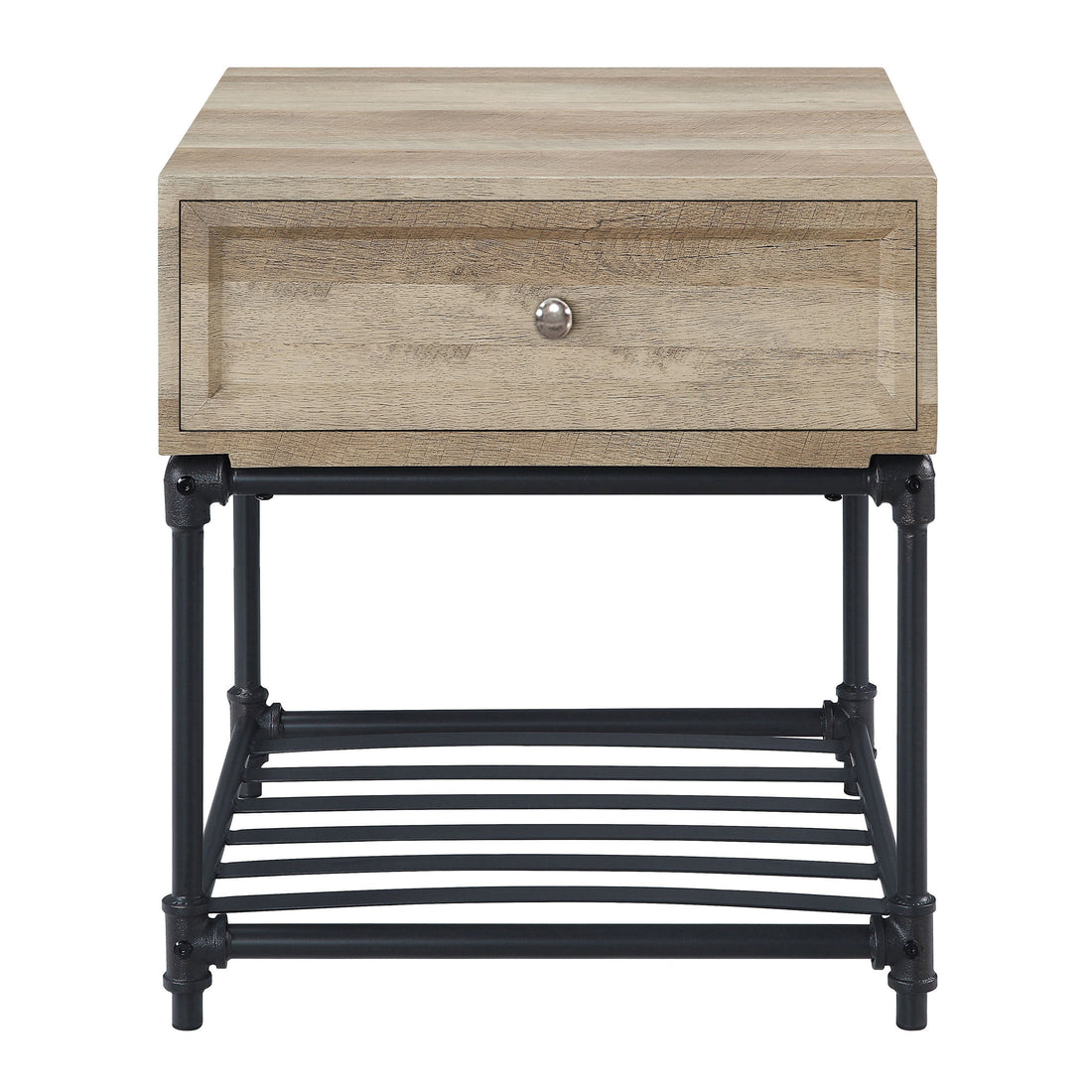 Oak And Sandy Black End Table With Slatted Lower Shelf Oak Primary Living Space Industrial Drawers Rectangular Wood Metal