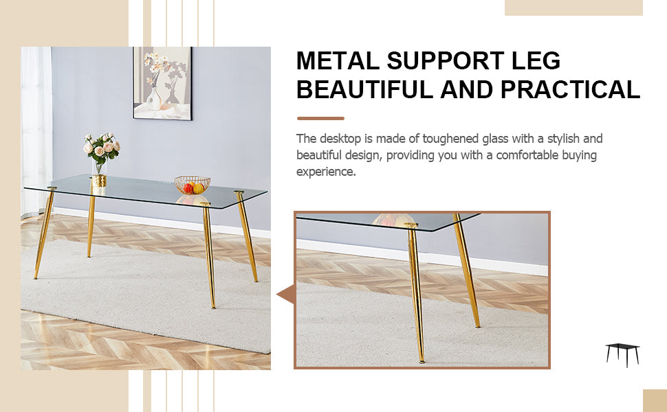 Table And Chair Set.Modern Rectangular Glass Dining Table With Tempered Glass Countertop And Golden Metal Legs, Paired With Multiple Transparent High Quality Pet Dining Chairs With Golden Legs. Gold Seats 8 Tempered Glass