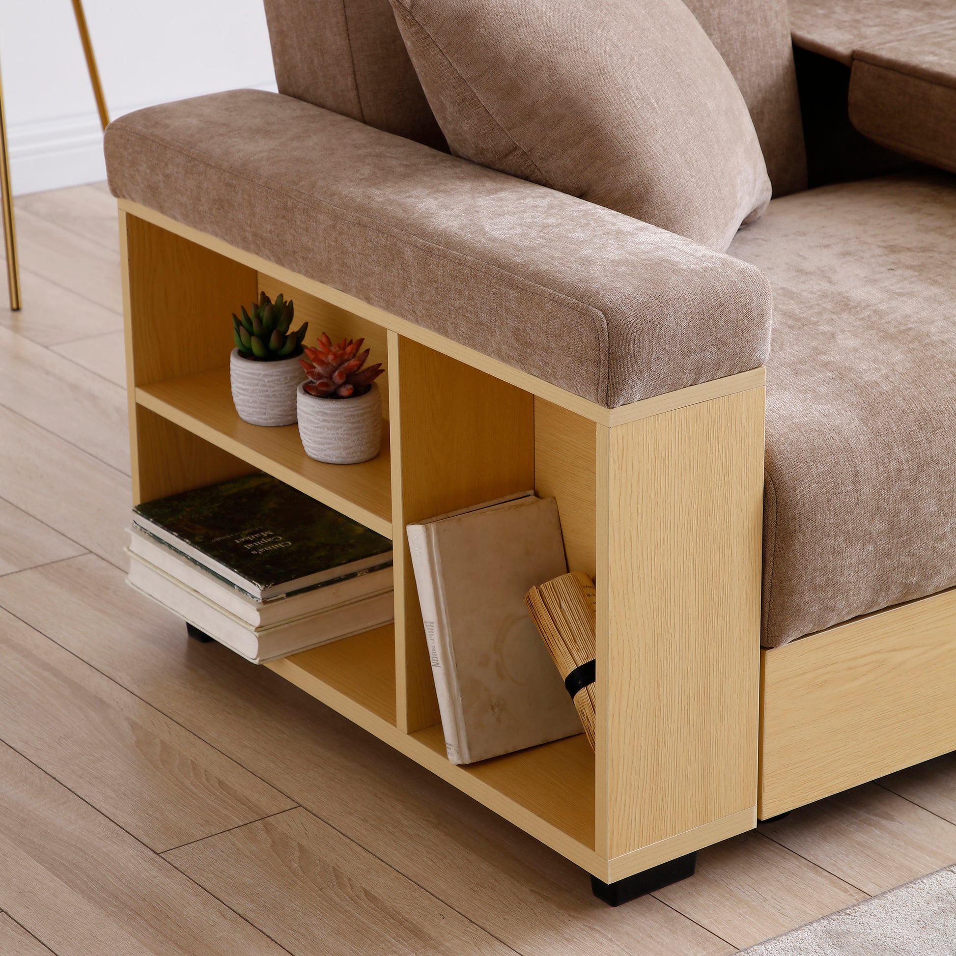 Convertible Sleeper Sofa Couch,Multifunctional Double Folding Sofa Bed,Storage Ottoman And Sofa Arm With Box And Drawer, Drop Down Table With 2Cup Holders For Living Room,Apartment,Office,Light Brown Light Brown Linen Wood Primary Living Space Modern