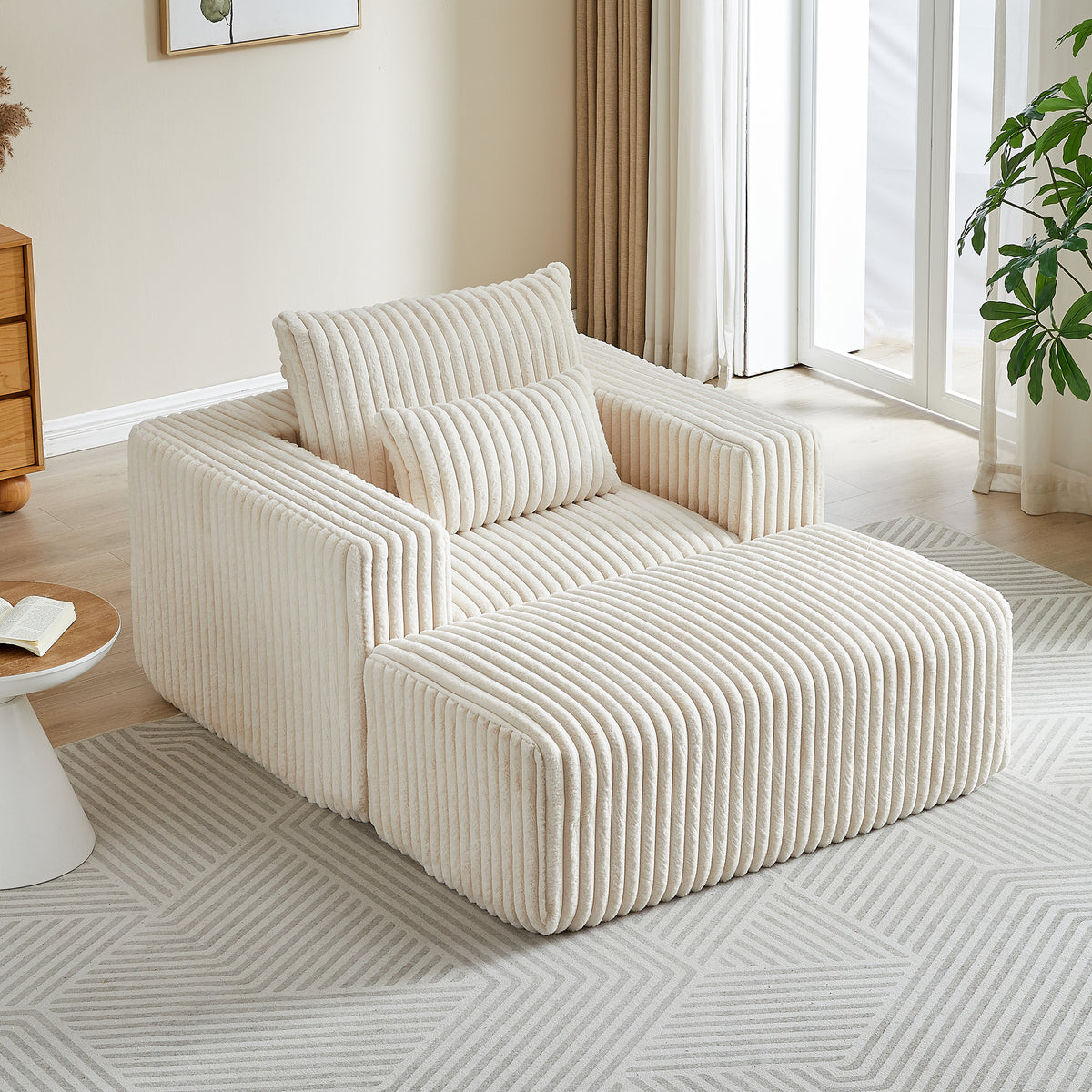 62.5 Inch Corduroy Sponge Sofa Lounge Chair With Removable Footrest,No Assembly Required,Fluffy Modern Sleeper Chair For Indoor Living Room Bedroom Beige Foam Corduroy 1 Seat