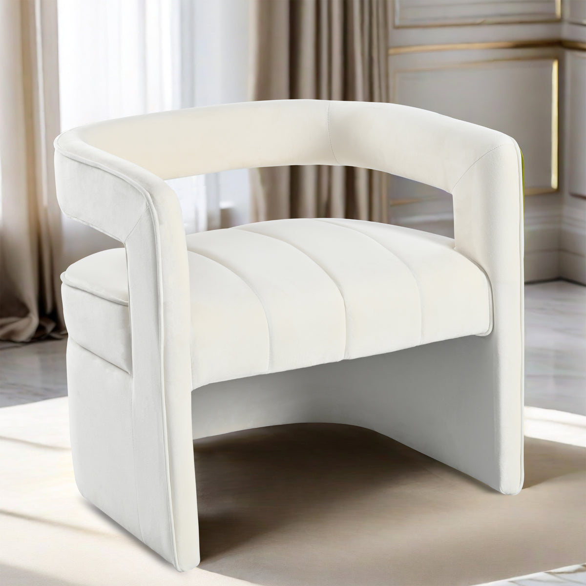 Modern Velvet Accent Chair With Ribbed Detail, Luxury Curved Fully Upholstered Accent Chair, Ivory White No Assembly Needed Ivory White Velvet