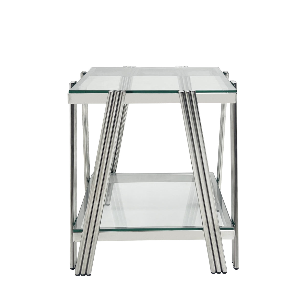 Modern Stainless Steel Coffee Table Set Set Of 3 , Double Layer Clear Tempered Glass Table Top, Coffee Table & Two End Side Table 3 Pieces Sets For Living Room Home Office, Silver Clear,Silver