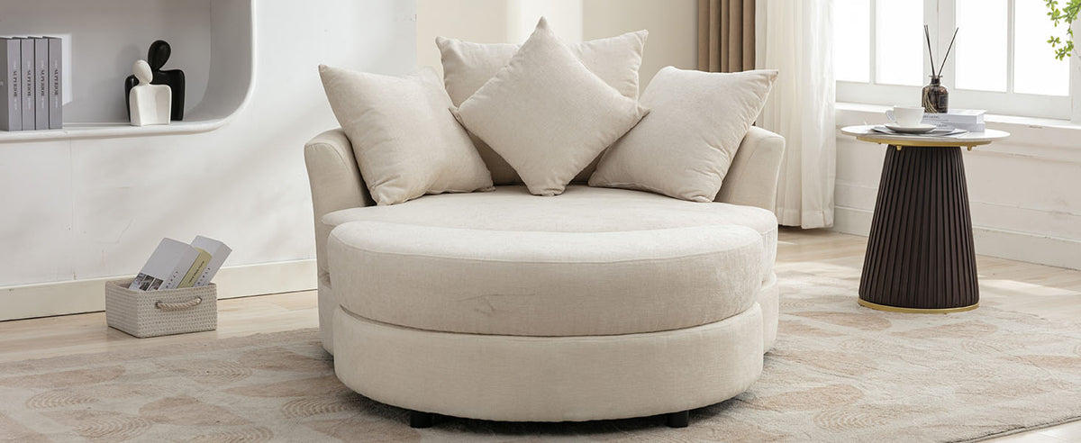 Orisfur. 360 Swivel Accent Barrel Chair With Storage Ottoman & 4 Pillows, Modern Chenille Leisure Chair Round Accent For Living Room, Cream Cream Foam Chenille