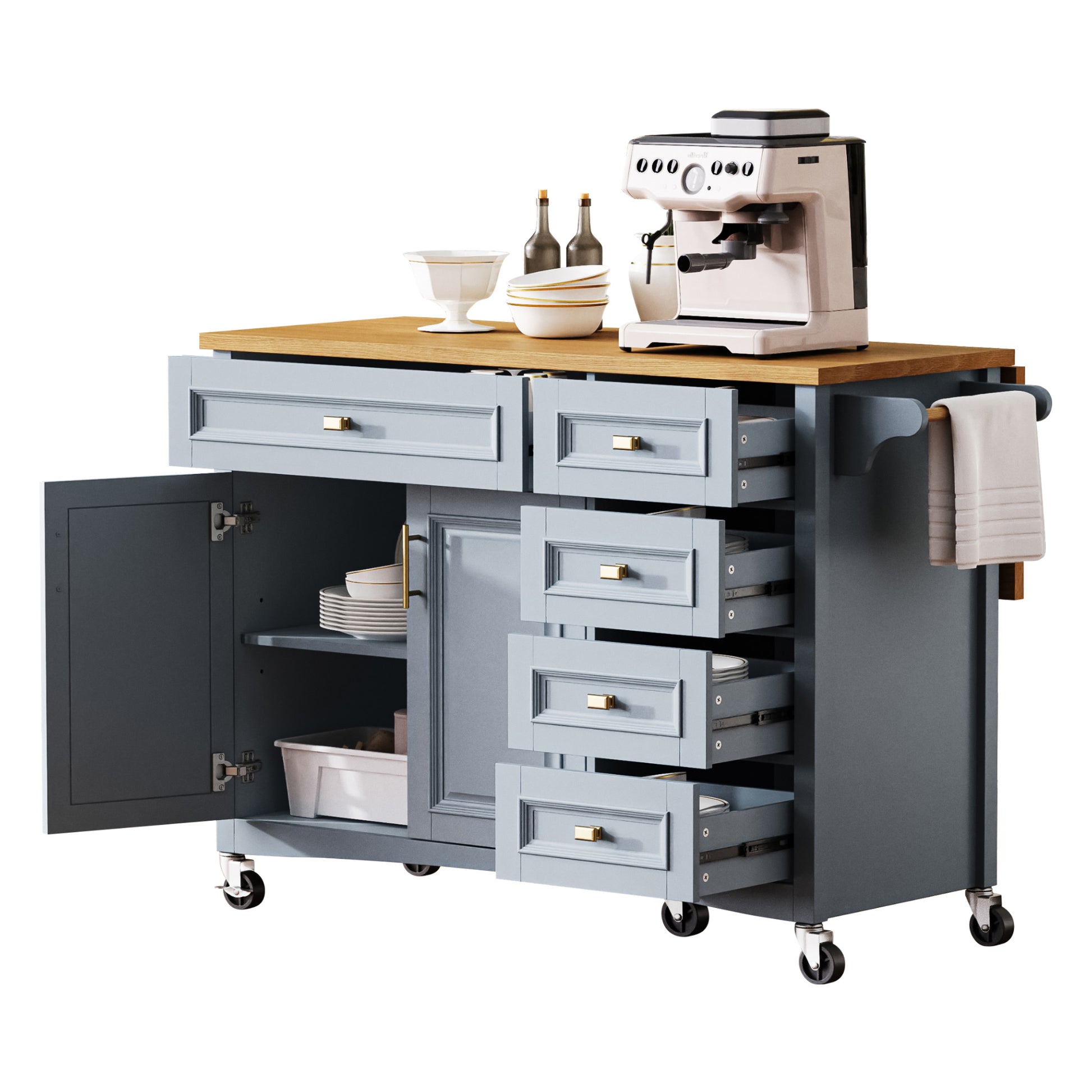 K&K 52'' Kitchen Island With Drop Leaf, Embossed Texture Kitchen Island On Wheels With Spice Rack, Towel Rack, 2 Doors And 5 Drawers, Kitchen Storage Cart With Adjustable Shelf For Kitchen, Blue