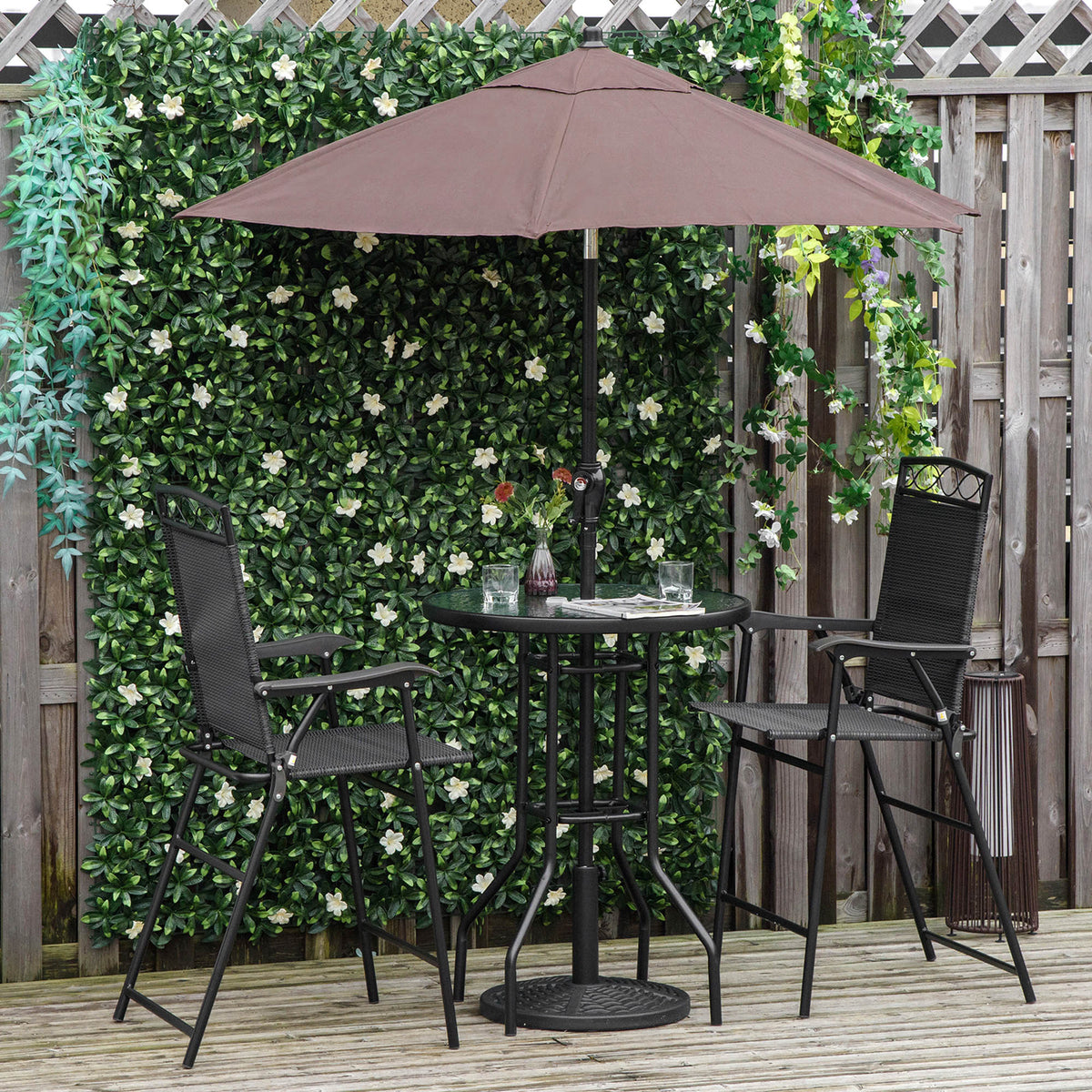 Outsunny 4 Piece Outdoor Patio Dining Furniture Set, 2 Folding Chairs, Adjustable Angle Umbrella, Wave Textured Tempered Glass Dinner Table, Black Black Steel