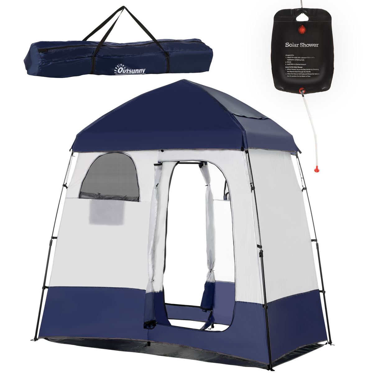 Outsunny Shower Tent, Pop Up Privacy Shelter For Camping, Dressing Changing Room, Portable Instant Outdoor Shower Tent Enclosure W 2 Rooms, Shower Bag, Floor And Carrying Bag, Blue Blue Taffeta