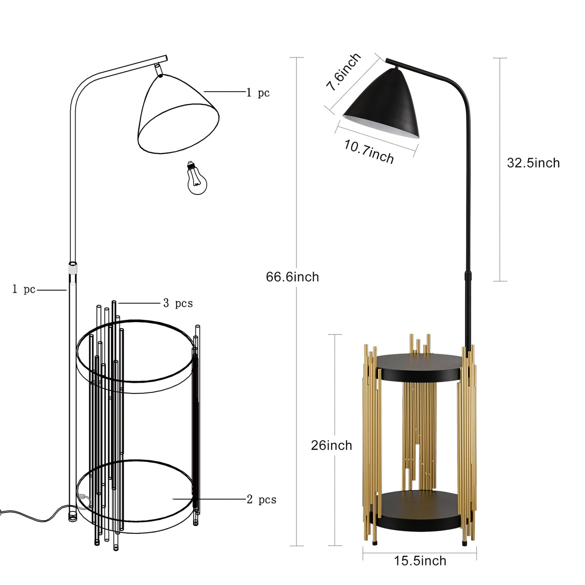 Luxury Shelves Floor Lamp For Living Room With Metal Lampshade, Standing Lamp Tall Industrial Floor Lamp Reading For Bedroom, Office E26 No Included Bulb Matte Gold Matte Black Gold Matte Black American Design,Industrial,Luxury,Modern Metal