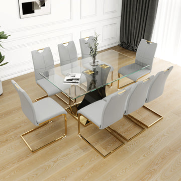 Modern Style Glass Dining Table, Elegant Transparent Design, Solid Support Base, Grey Dining Chair Set, Gold Plated Chair Legs, Suitable For Restaurant Kitchen Use Set Of 9 Grey Glass