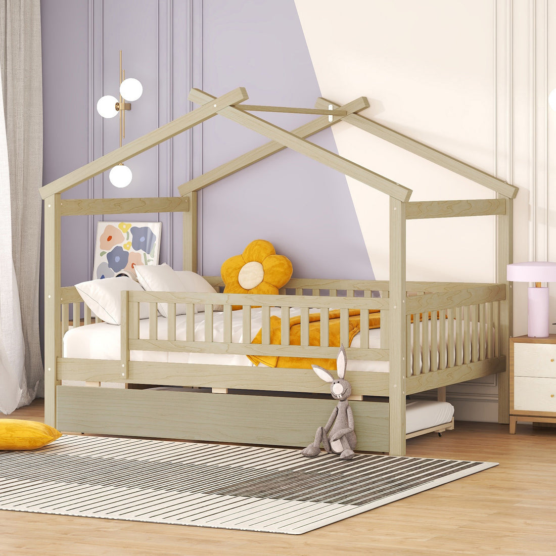 Full Size Wooden House Bed With Twin Size Trundle, Natural Full Natural Solid Wood Mdf