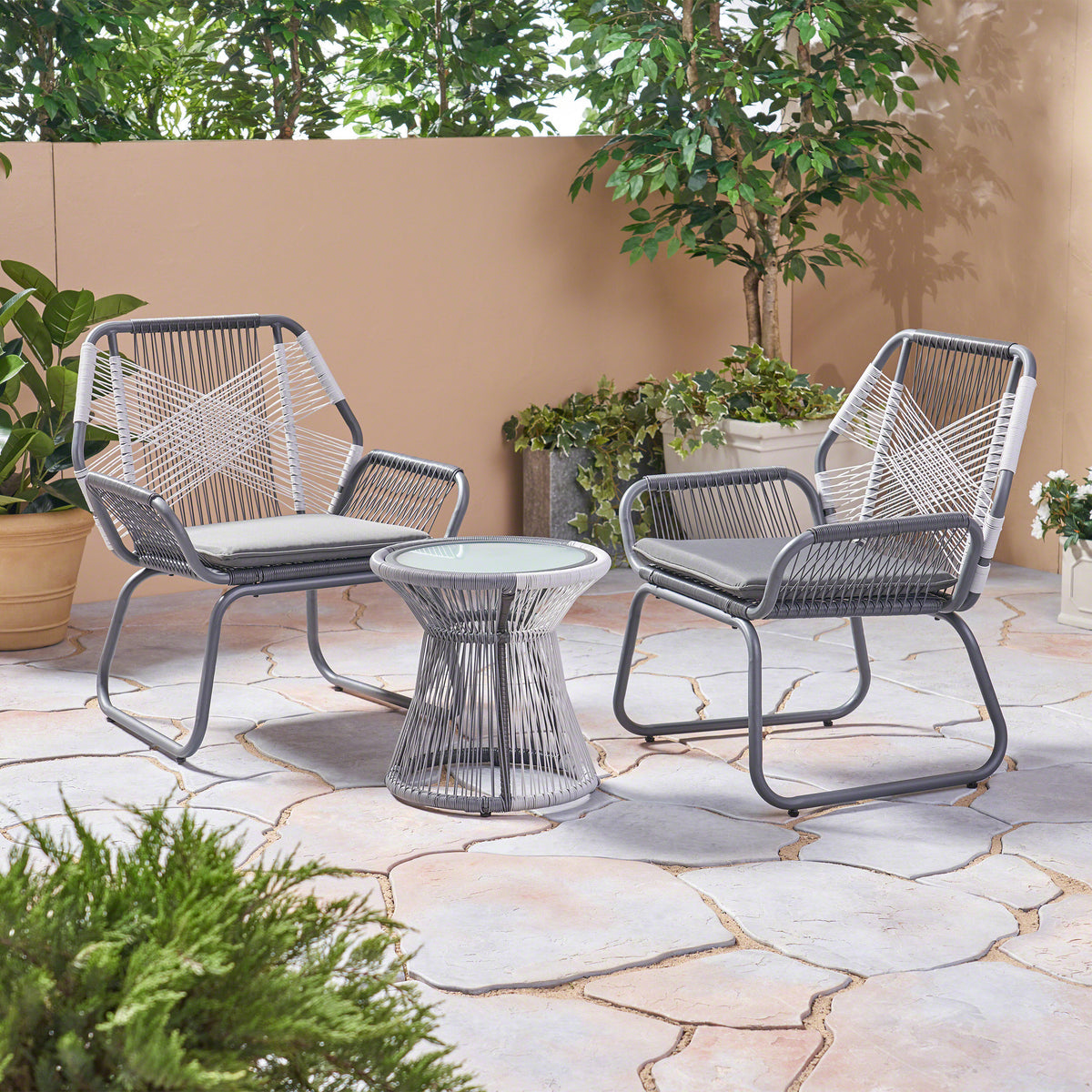 Milan 3Pc Chat Set Gray Pe Rattan Iron Waterproof Fabric